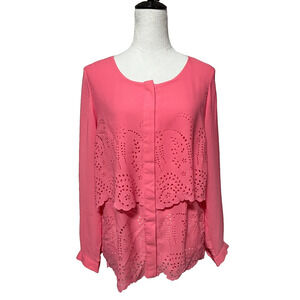 NY Collection Top Womens Medium Pink Tiered Scallops Button Up Career NWT